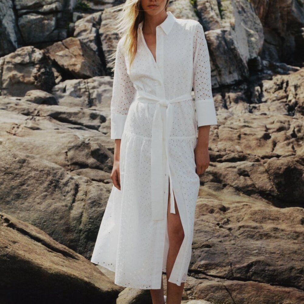Zara Openwork Embroidered White Midi Shirt Dress